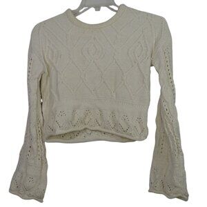 Derek Heart Ivory Cropped Sweater Top Women Size S Long Sleeve Open Knit FLAW